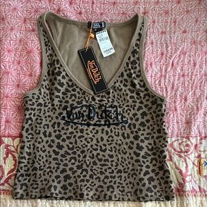 Von Dutch Leopard Print Crop Tank Top - Brown and Black-XL